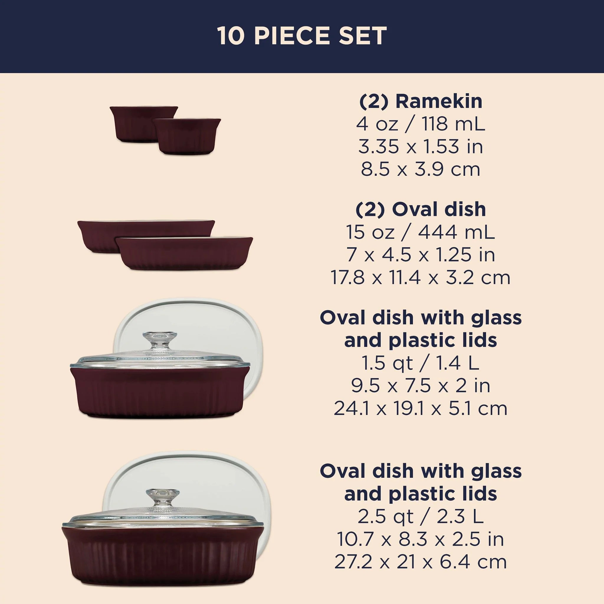 Corelle Durable Dinnerware French Colors 10-piece Bakeware Set, Cabernet - Image 6